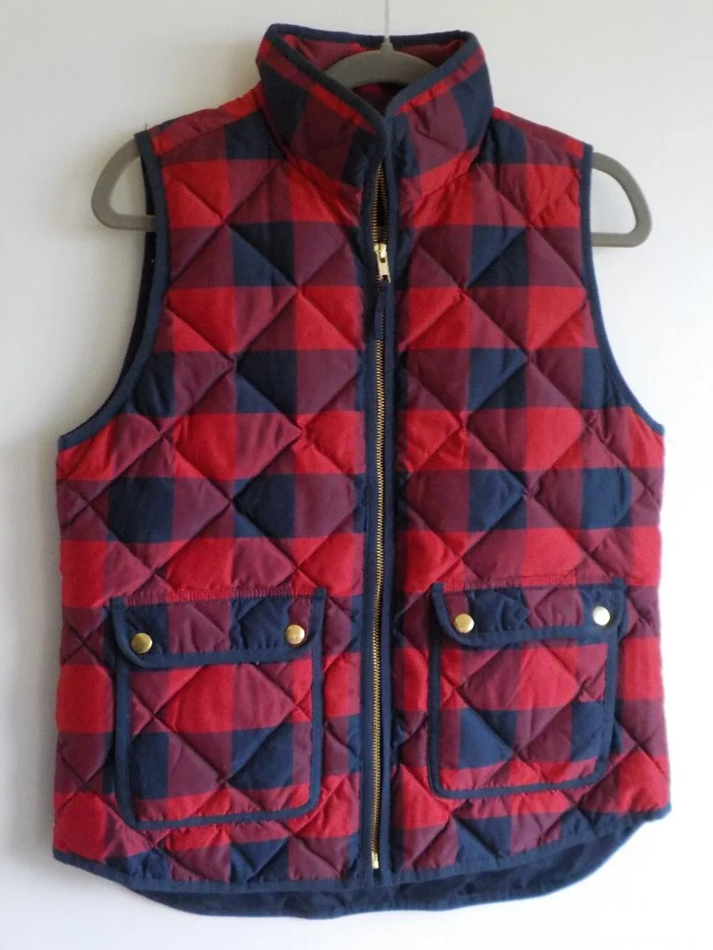 J. Crew Puffer Vest - Small - Red/Blue Plaid Zip Pockets High Collar (2372)